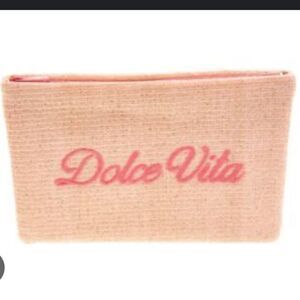 Christian Dior Pouch Dolce Vita Straw Weave Beige Pink Embroidery Novelty New